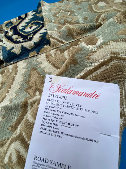 13 Berkbox78 Square Velvet by Scalamandre Oushak Linen Velvet Aquamarine Jacquard Blue Brown Linen MSRP USD638/y
