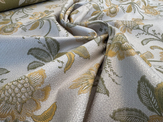 Beacon Hill Pennine Leaf Green Gold Yellow Classy Jacobean Botanical Silk and Linen Lampas MSRP USD195