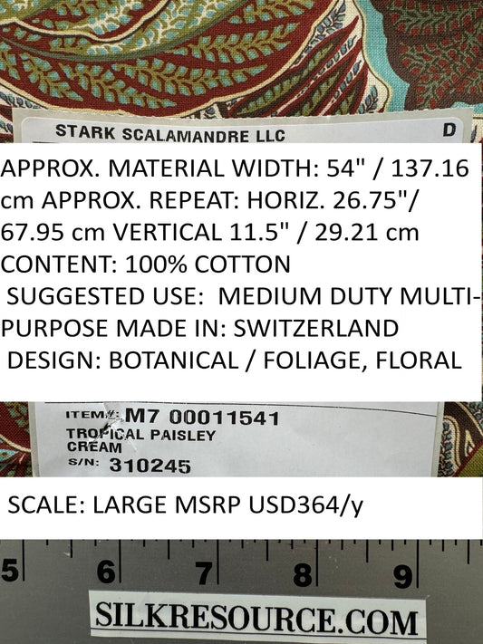 Scalamandre Tropical Paisley Cream Green Brown Botanical Foliage Floral MSRP USD 364/y