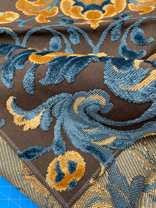 2 Berkbox80 Square Velvet by Grey Watkins Cherbourg Blue Brown Gold Botanical Foliage 26"x26" MSRP USD300+/y