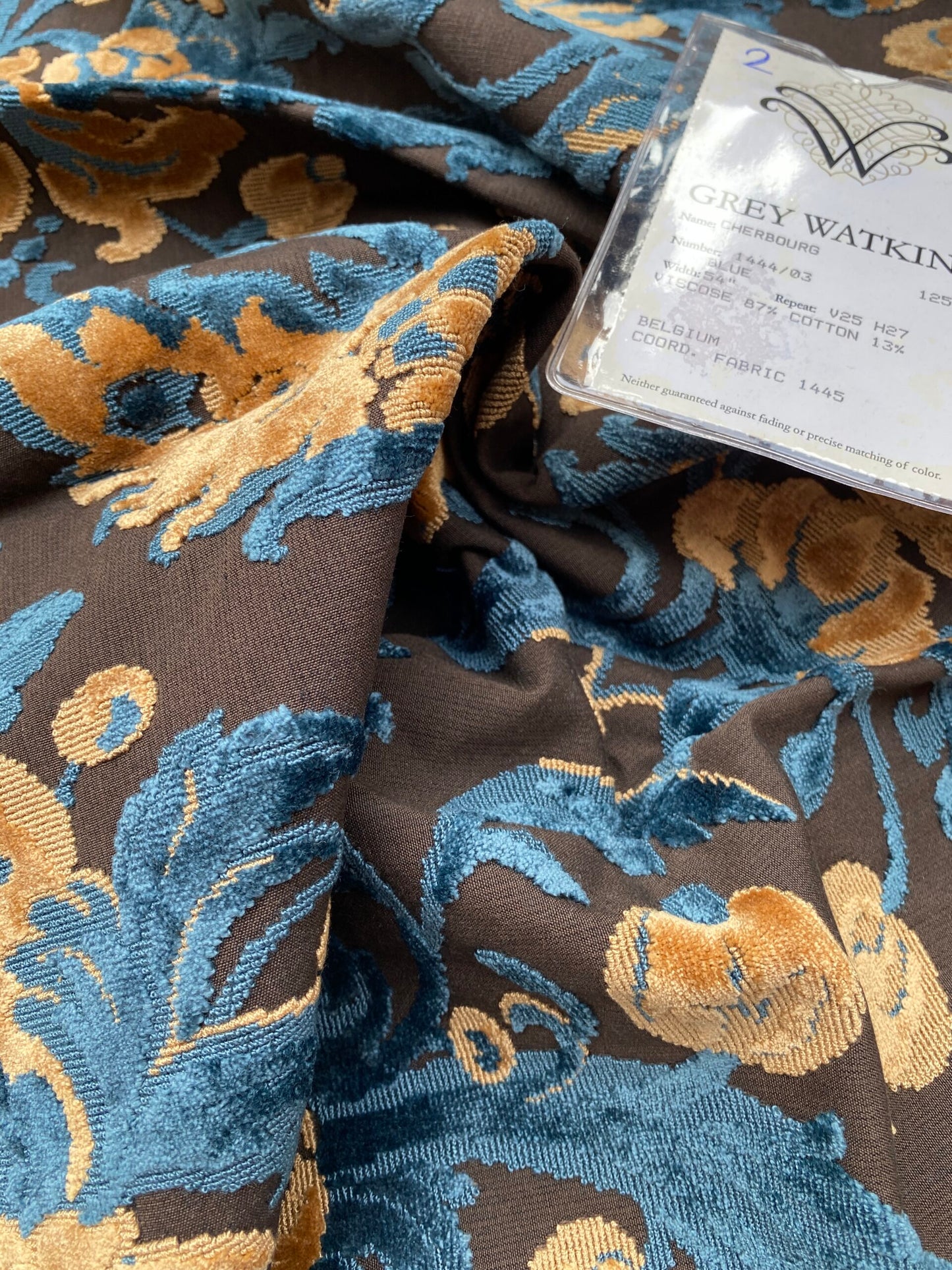 3 Berkbox80 Square Velvet by Grey Watkins Cherbourg Blue Brown Gold Botanical Foliage MSRP USD300+/y