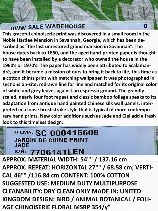 Scalamandre Jardin de Chine Print Jade Green White Cotton Bird Animal Botanical Foliage Chinoiserie Floral Bamboo Butterfly MSRP USD 388/y