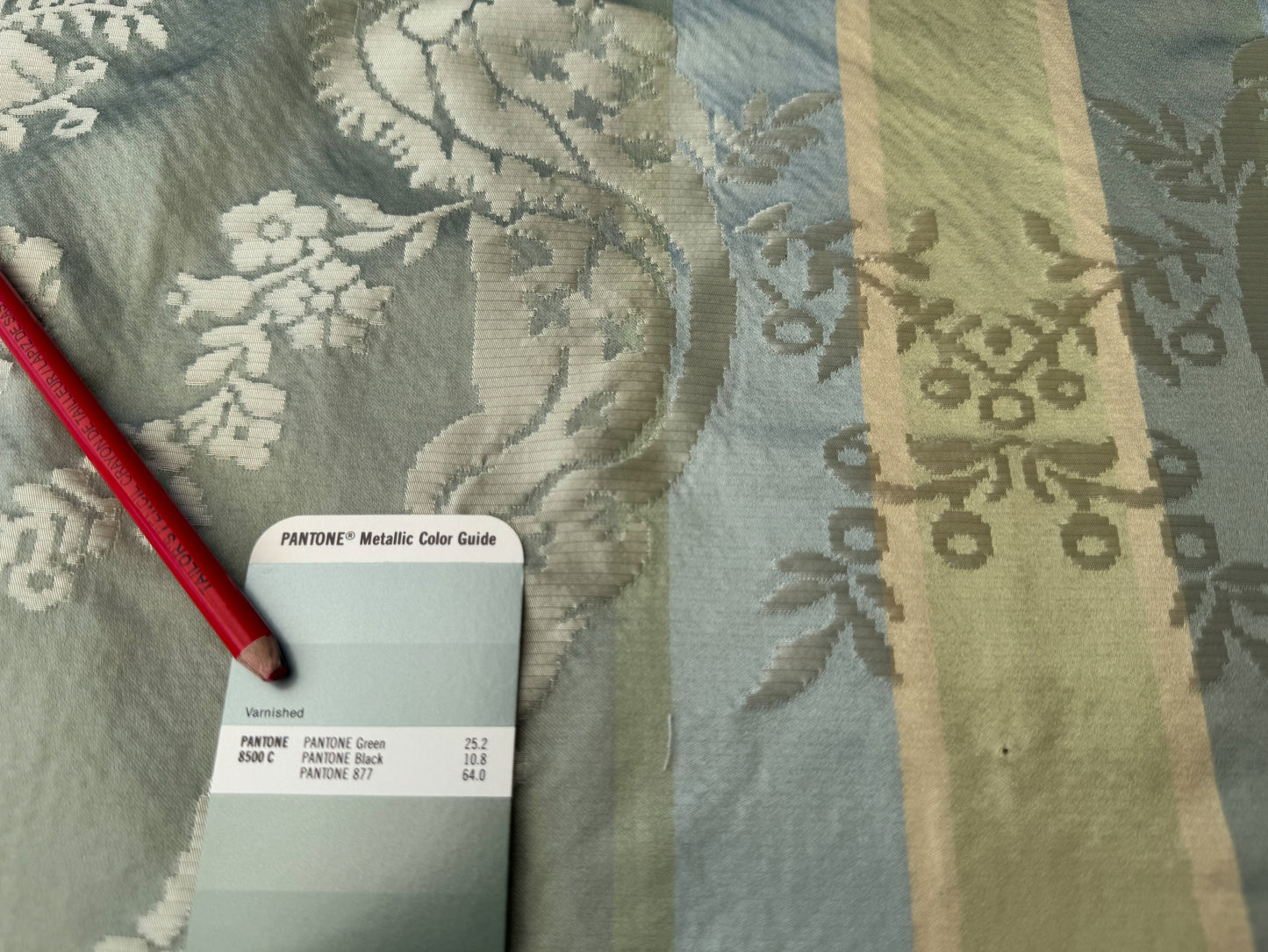 2.4 yards Scalamandre Old World Weavers 100% Silk Petrarca Stripe Celadon Sky Blue Gray Yellow Damasco MSRP USD1561/y