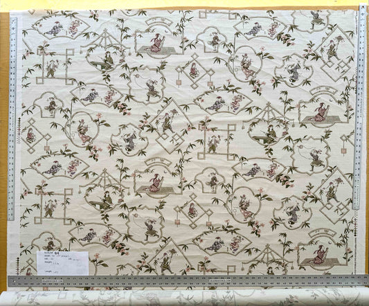 1.9y Scalamandre Old Word Weavers Imperial Court Asian Chinoiserie Toile Figurative Game Sports Music Bamboo Cream White
