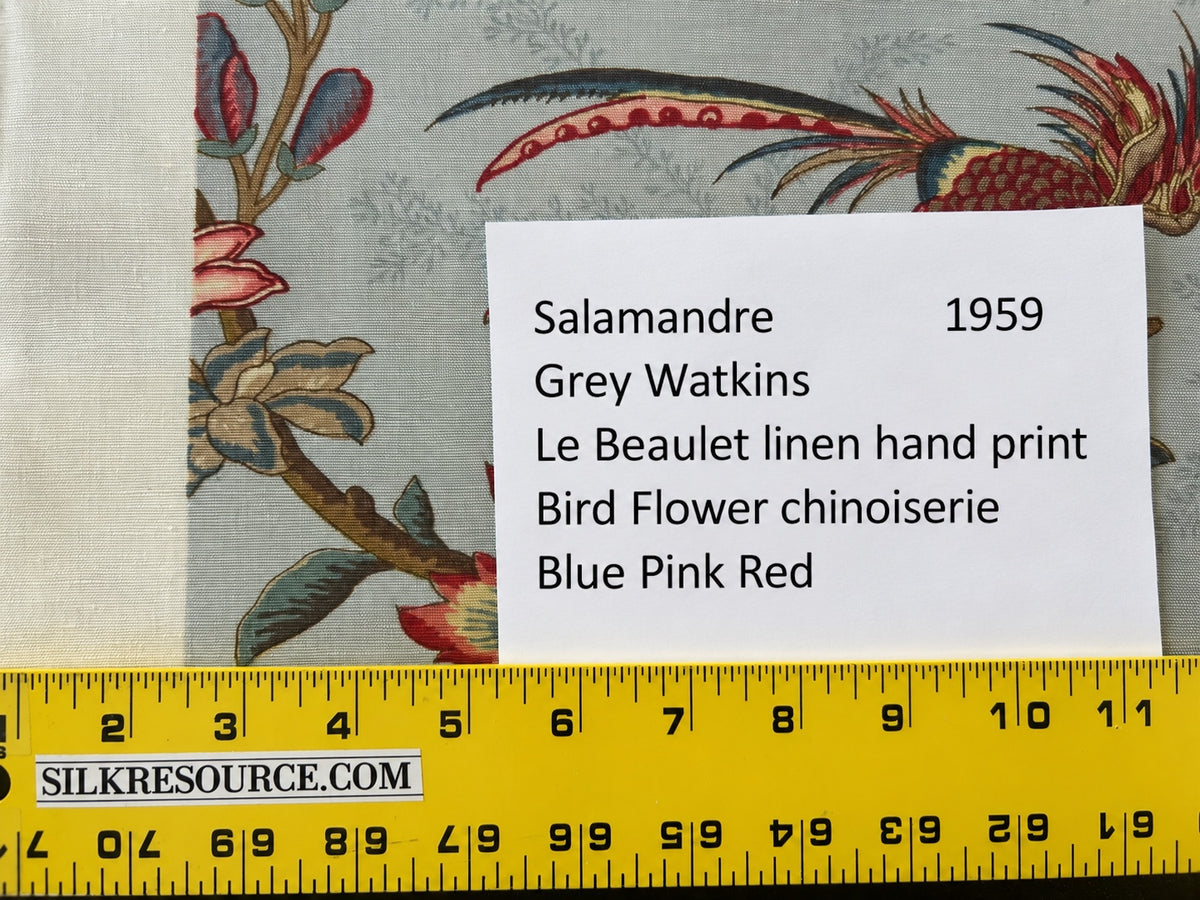 Scalamandre Grey Watkins Le Beaucet Linen Hand Print Bird Flower Chinoiserie Palampore Blue Pink Red