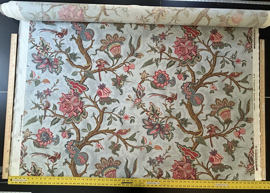 Scalamandre Grey Watkins Le Beaucet Linen Hand Print Bird Flower Chinoiserie Palampore Blue Pink Red