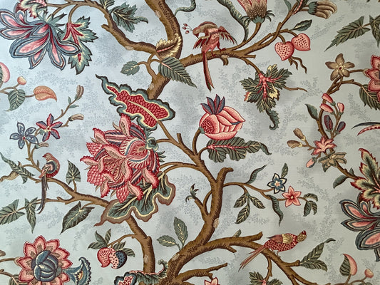 Scalamandre Grey Watkins Le Beaucet Linen Hand Print Bird Flower Chinoiserie Palampore Blue Pink Red