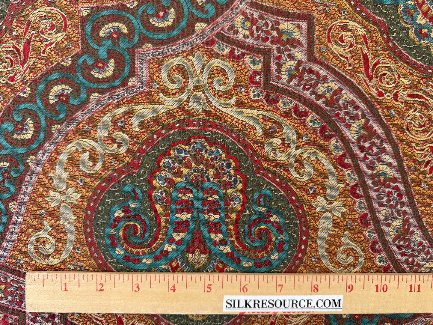 Scalamandre Antonova Teal/Gold Blue Red Cotton Fretwork Lattice Paisley - by the yard