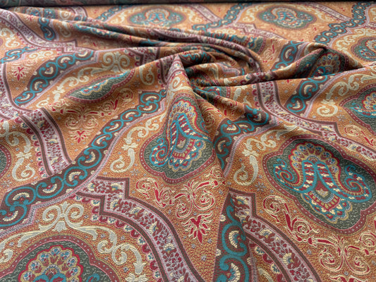 Scalamandre Antonova Teal/Gold Blue Red Cotton Fretwork Lattice Paisley - by the yard