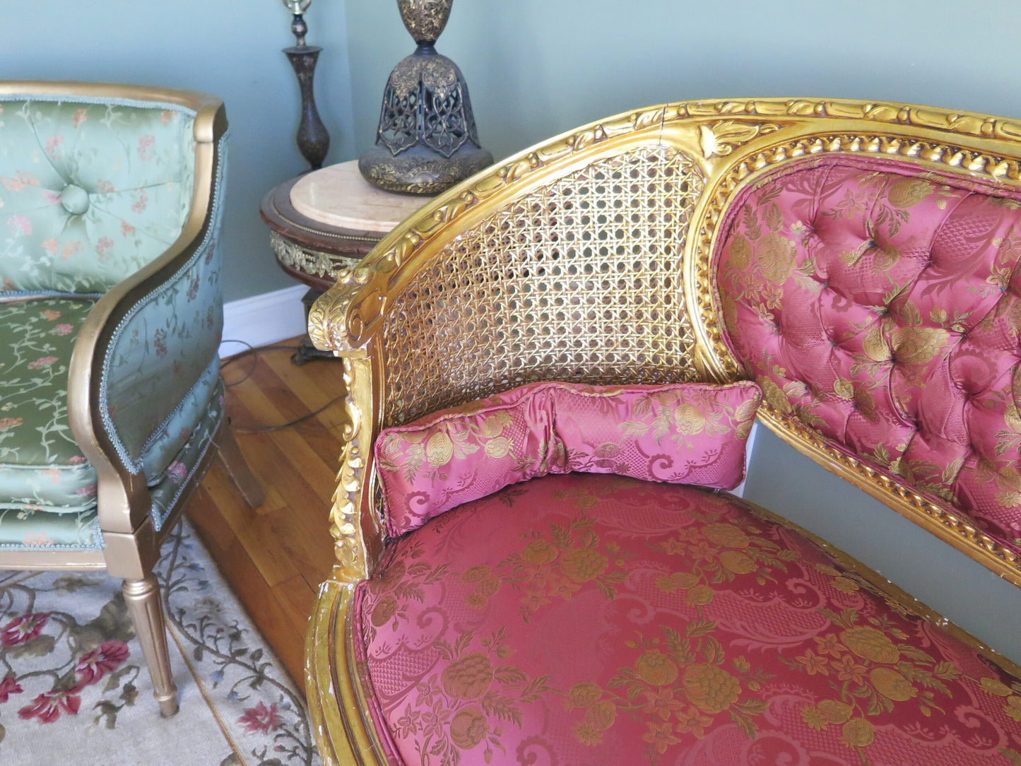 Calico Pom Lampas Mandarin Hiend Pom Rose Lace 100% Silk Lampas "mandarine" Red Crimson Gold French MSRP USD 200+/Y