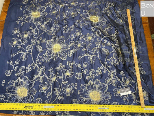 7 Boxu Scalamandre Stark 2.4yds Princess Silk Patriot Blue and Gold Large Flora Floral Embroidery MSRP$400+/yard