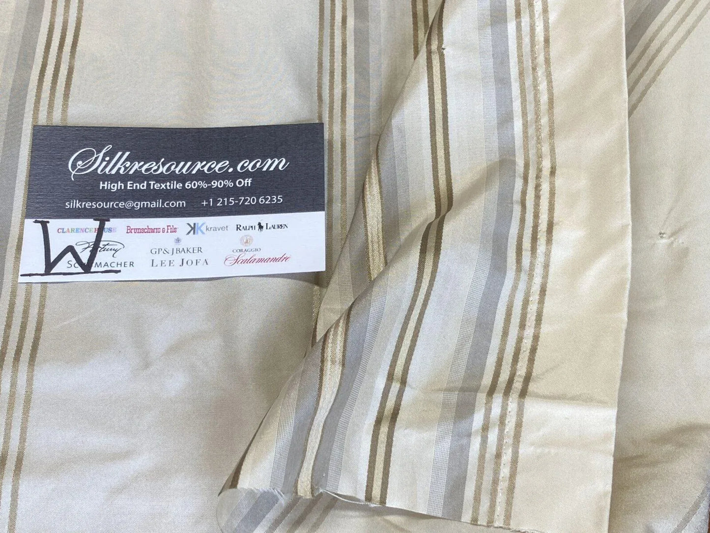 9 Boxw Scalamandre Square Showroom Sample 1.2 Yard 100% Silk taffeta pale Blue gold cream Light Stripes