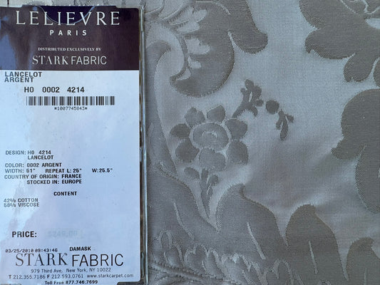 46 EV56 Square 23" x 25" Scalamandre Lelievre Paris Lancelot Argent Gray Cotton Viscose Damask Floral Renaissance