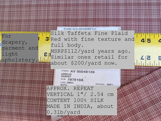 Scalamandre " Lorelei Garnet Silk Taffeta Fine Plaid Red MSRP USD 112/yard Small Scale"