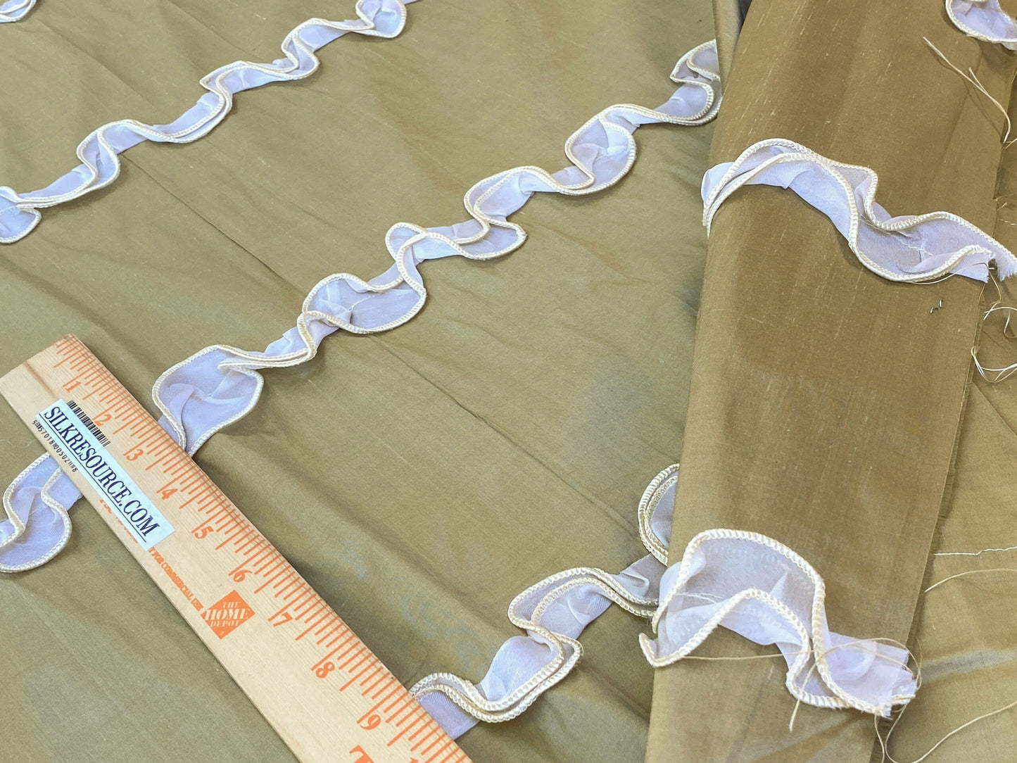Scalamandre Flirty Bronze Glow Silk Dupioni with Organza Trim Embroidery MSRP USD 200+/yard