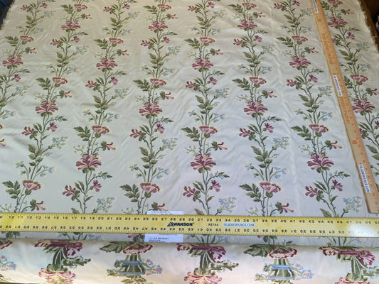 Scalamandre Carlotta Vine Tourmaline & Ivory Historical Silk Lampas Fil Coupe Pink Blue MSRP USD 400+/yard