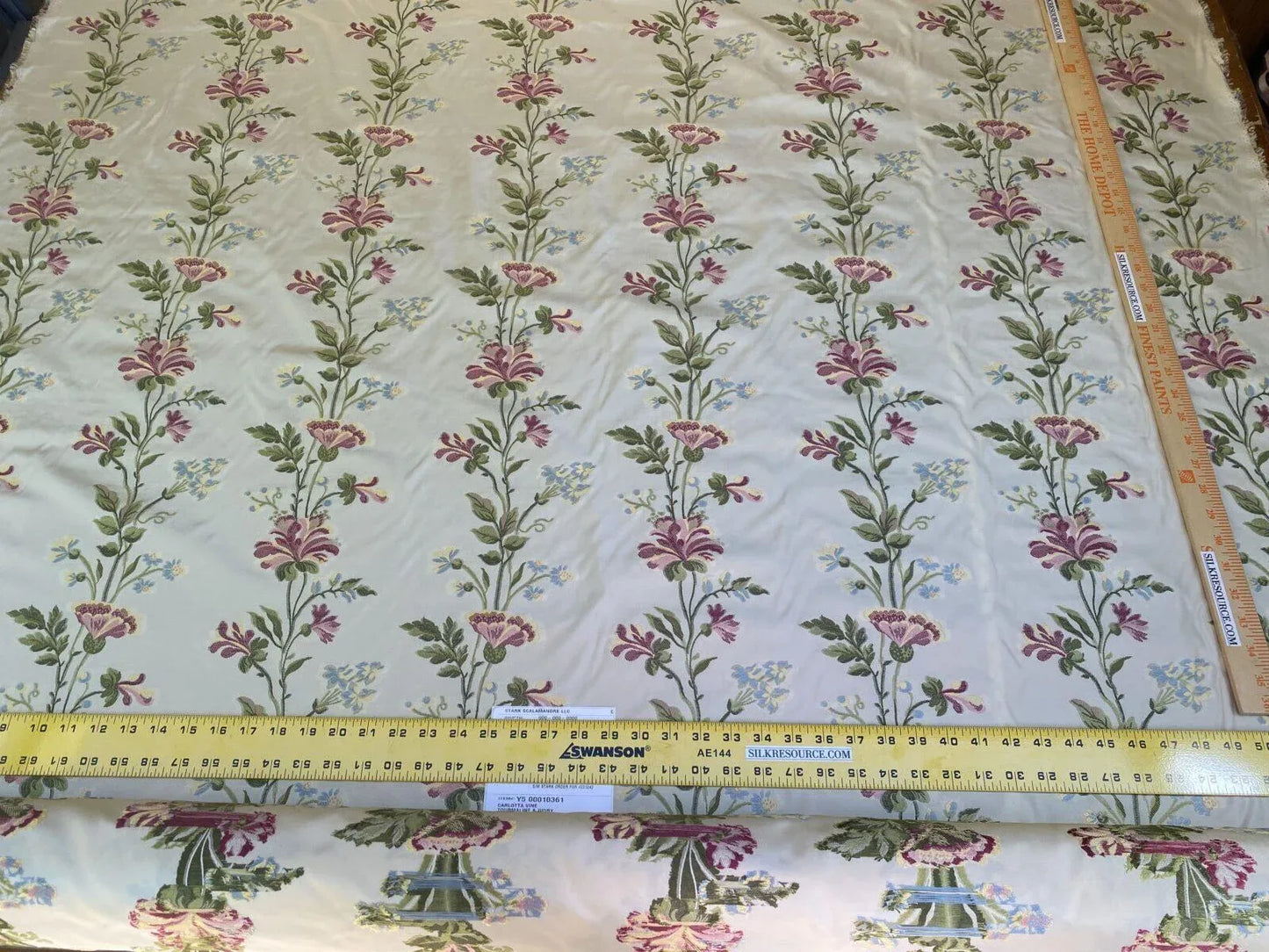 Scalamandre Carlotta Vine Tourmaline & Ivory Historical Silk Lampas Fil Coupe Pink Blue MSRP USD 400+/yard