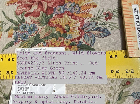 Scalamandre Tarascon Natural MSRP USD 224/Y Linen Chintz Print Flower Field Bouquet From France Red Orange Blue Green Print