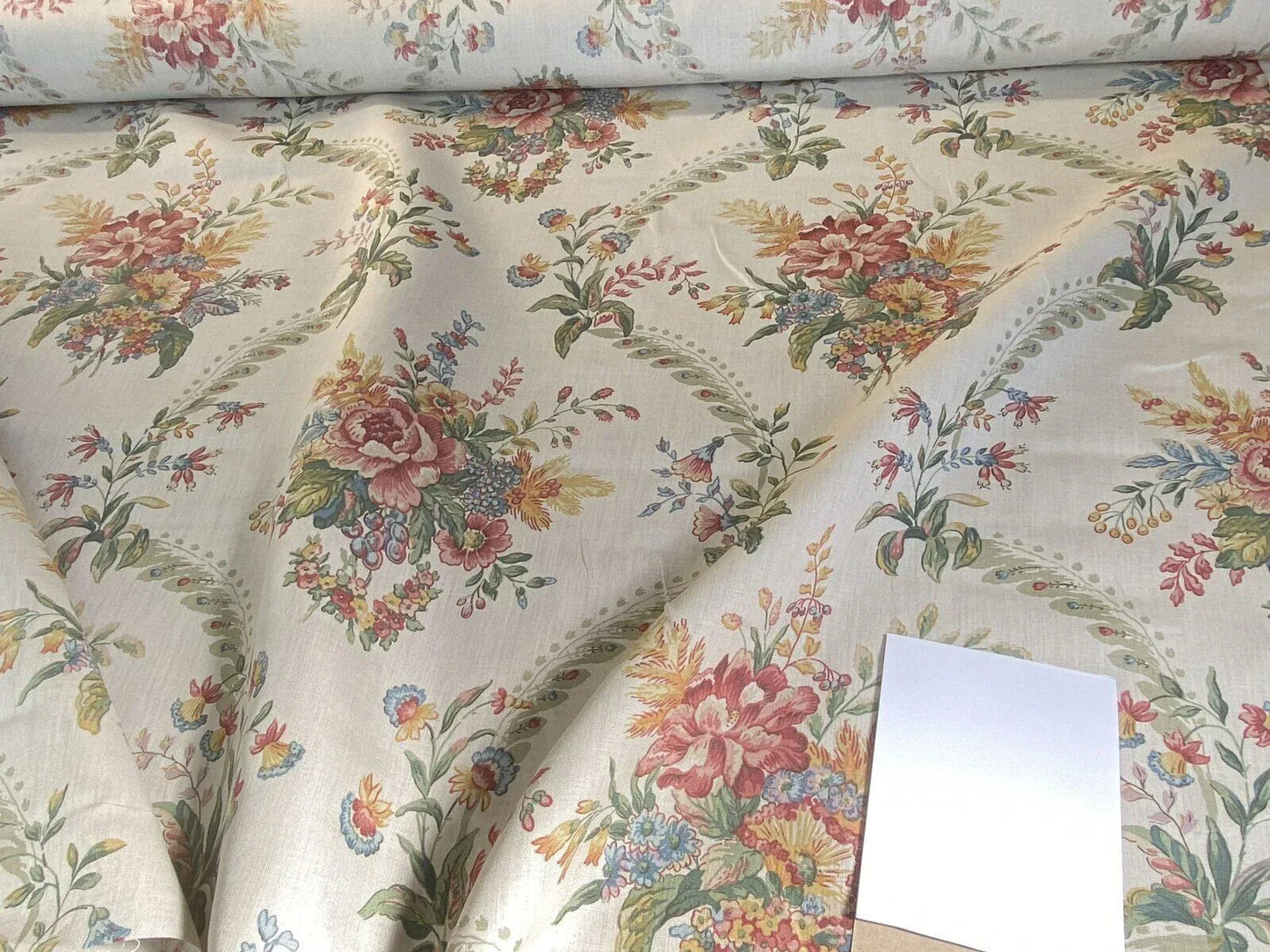 Scalamandre Grey Watkins Tarascon Natural Linen Chintz Print Flower Field Bouquet From France Red Orange Blue Green Print - By The Yard -MSRP USD 224/Y