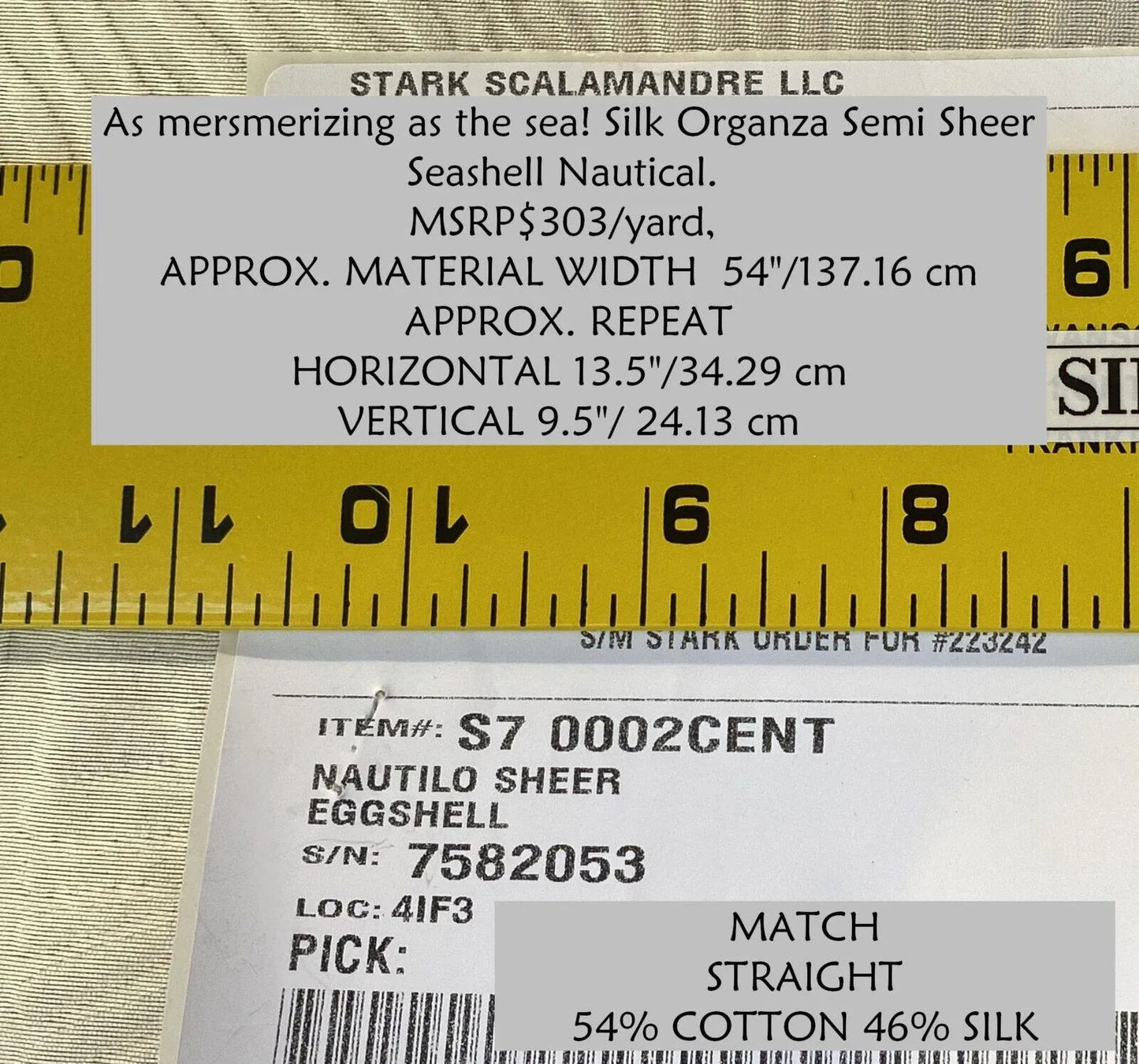 Scalamandre Nautilo Sheer Eggshell Silk Organza Semi Sheer Seashell Nautical MSRP USD 303/Y