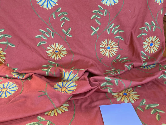 Scalamandre Daisy Crewel Red Wool On Cotton Hand Embroidery MSRP USD 160/Y