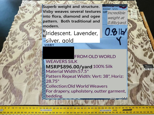 22 Berkbox52 1.2 yard Scalamandre Visby Silver Gold Old World Weavers 100% Silk Lampas MSRP USD 896/Y