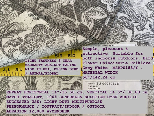 Scalamandre Sankaty Charcoal Outdoor Bird Flower Chinoiserie Folklore Grey White MSRP USD 183/Y