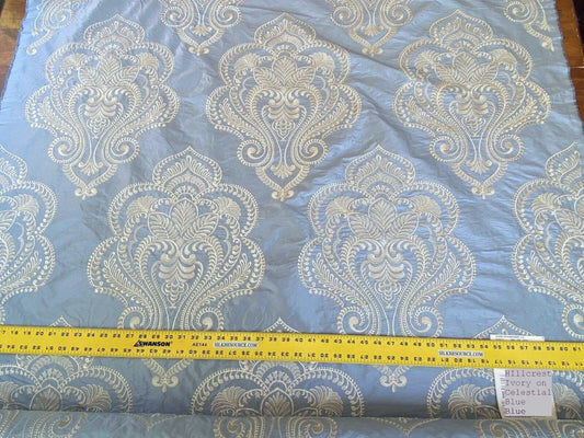 Scalamandre Hillcrest Ivory On Celestial Blue Silk Renaissance Embroidery Medallion Crest Lace Like MSRP USD 394/Y