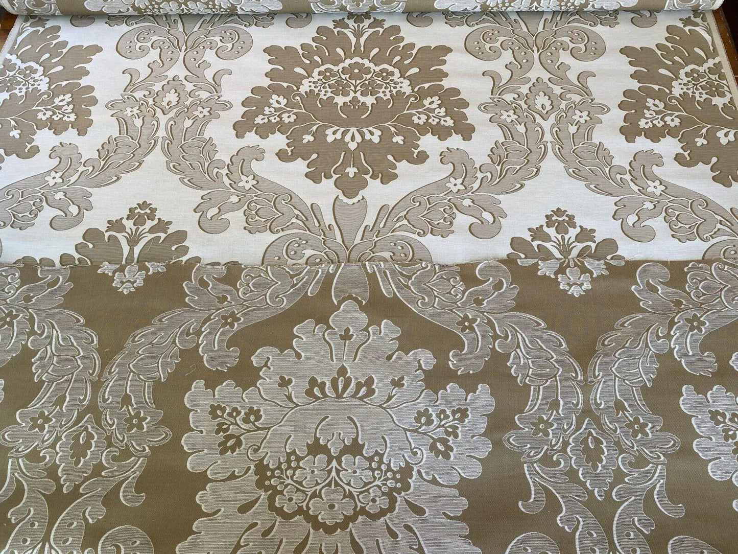 Scalamandre Montefalco Damask Beige Large Renaissance Damask Woven Tan White MSRP USD 272/Y"