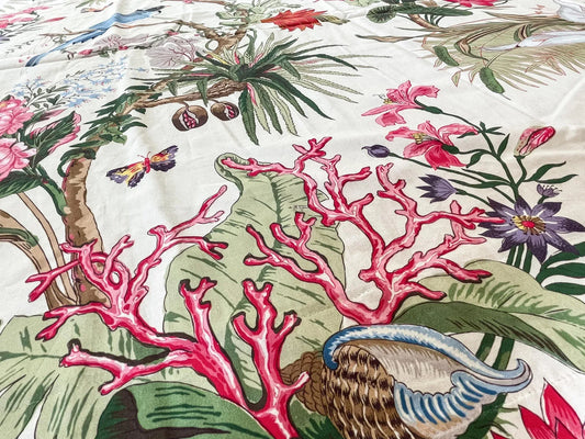 Scalamandre Cinque Terra Botanical Cream Floral Parrot Print Cotton - 1.2 Yards