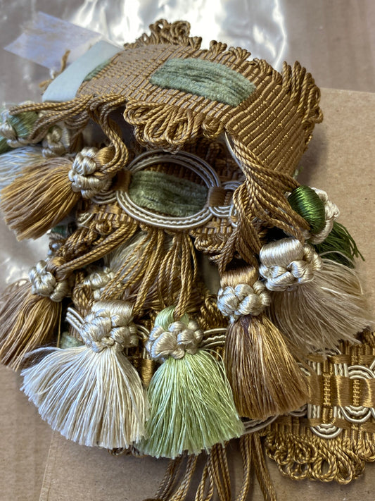 By yard Scalamandre Winter Palace Fringe Pine Tan Cream Tassel Brown Green MSRP USD 445/y