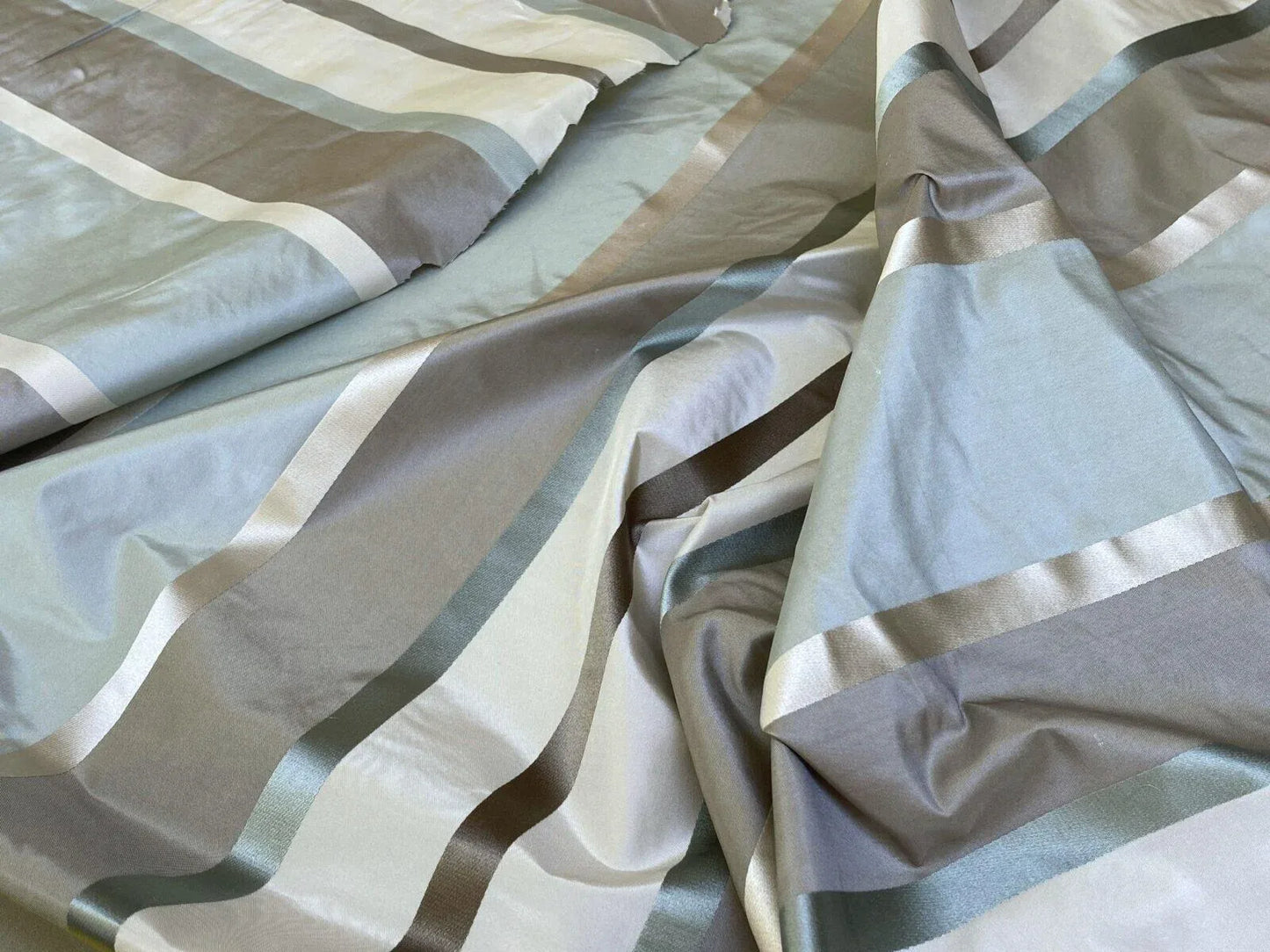 Scalamandre Belle Blue, Soft Browns & Creams Silk Satin Texture Stripe MSRP USD 188/Y