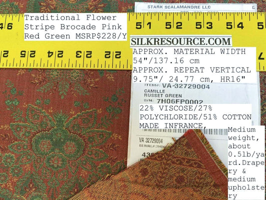 Scalamandre Camille Russet Green Traditional Flower Stripe Brocade Pink Red Green MSRP USD 228/Y