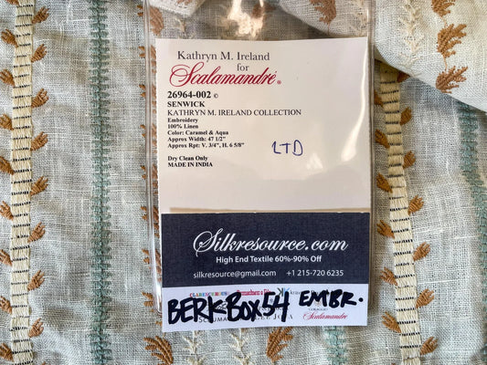 17 Berkbox54 Scalamandre Senwick Caramel & Aqua Embroidery Linen 41"x48"