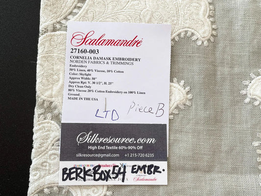 19 Berkbox54 Scalamandre 28″x48″Cornelia Skylight White Damask Embroidery MSRP USD 612/yard