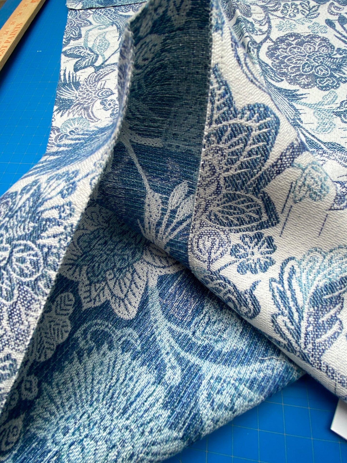 6 Berkbox90 Square Jacquard by Old World Weavers Sankaty Indigo Ocean Blue White Bird Flower Chinoiserie Folklore MSRP USD183/y