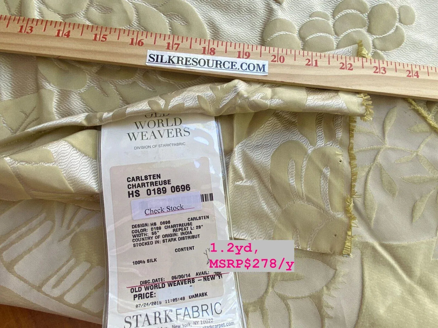 10 Boxy 1.2 Yards Scalamandre Carlsten Chartreuse Silk Damask Gold Floral Renaissance MSRP USD 278/y