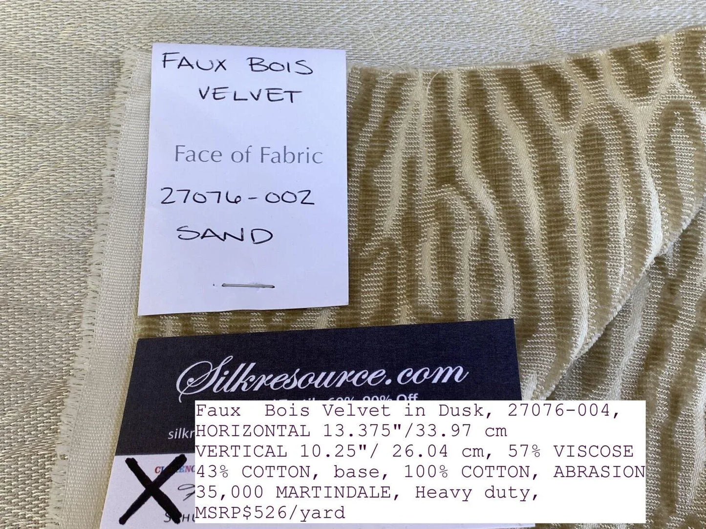 8 Boxx Scalamandre 2 Yards Faux Bois Velvet Sand MSRP USD 480/Y