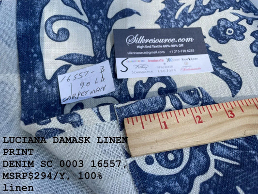 7 Boxs Scalamandre Luciana Damask Linen Print Denim Beautiful Blue And White 2.4 Yards MSRP USD 294/yd