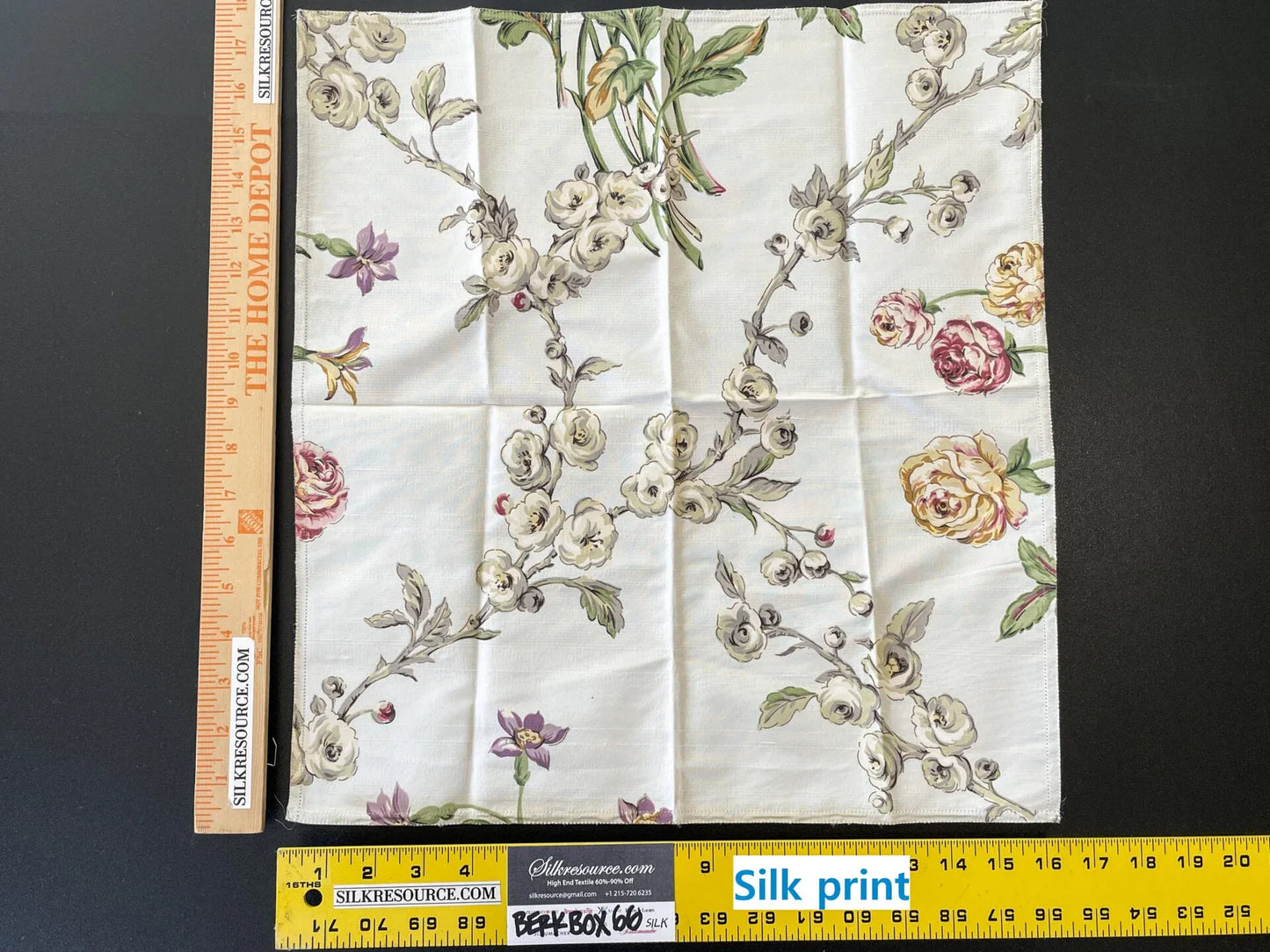9 Berkbox66 17"x17"Scalamandre Silk Floral Print Red Beige Yellow Purple flowers on White
