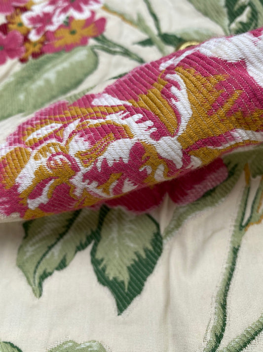 Square Jacquard by Gaston Y Daniela Peony Pink Ivory Medium Gray Botanical Floral 25"L x 24"W MSRP USD 300+/y