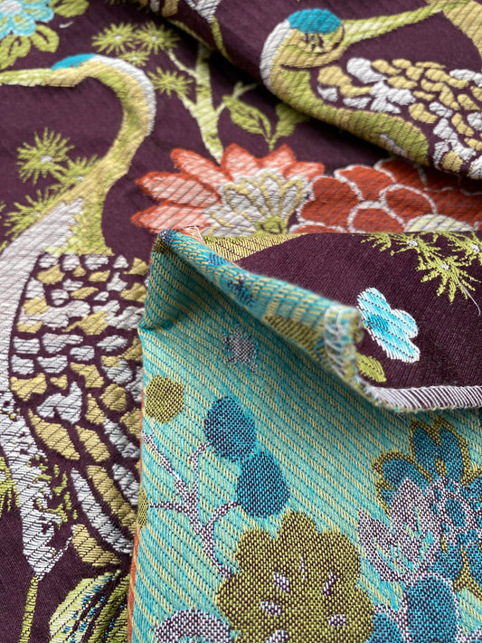 Square Jacquard by Claridge Textile Crane Tapestry Upholstery Fabric in Plum Brown Green Birds Floral MSRP 300+/y