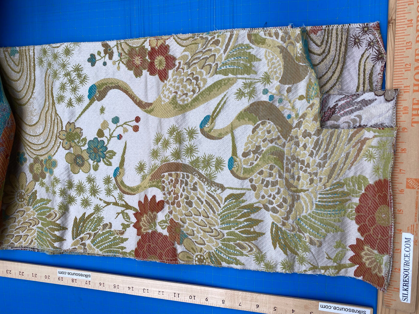 Square Jacquard by Claridge Textile Crane Tapestry Upholstery Fabric in White Green Red Birds Floral MSRP 300+/y
