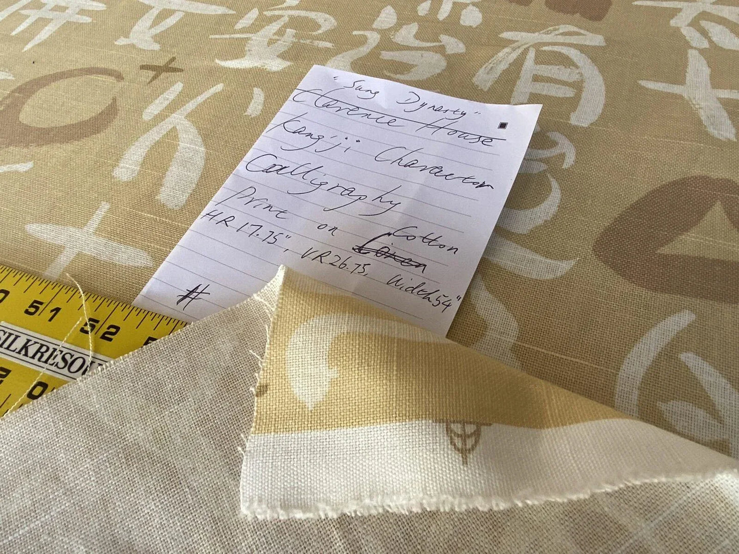 Clarence House Sung Dynasty Kang'ji Chinese Calligraphy Print Almond Yellow Cream Cotton