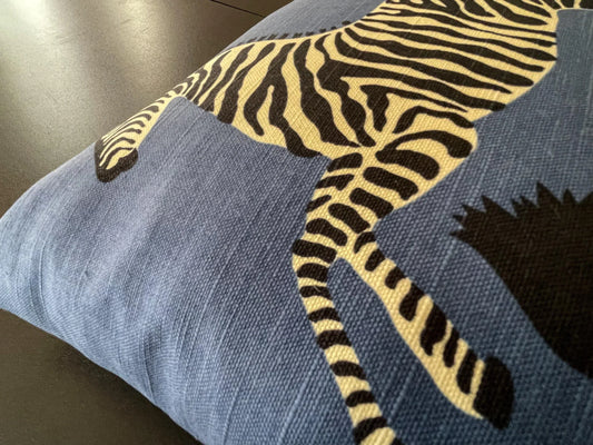 PILLOW 26"x15" Scalamandre ZEBRA PILLOW Denim Blue Printed Fabrics Linen Cotton