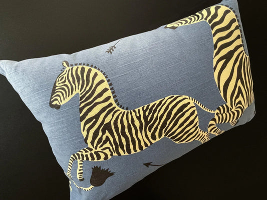 PILLOW 26"x15" Scalamandre ZEBRA PILLOW Denim Blue Printed Fabrics Linen Cotton