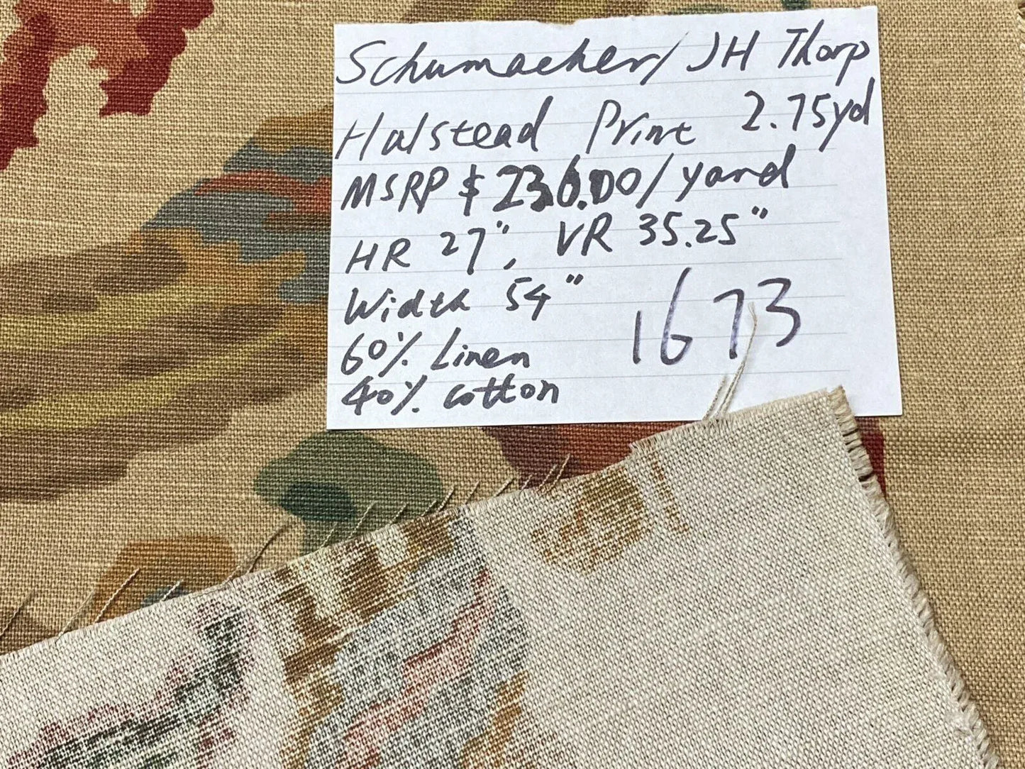 2.75yds Schumacher Jh Thorp Halstead In Sand Linen Print Fabric MSRP USD 236/yard