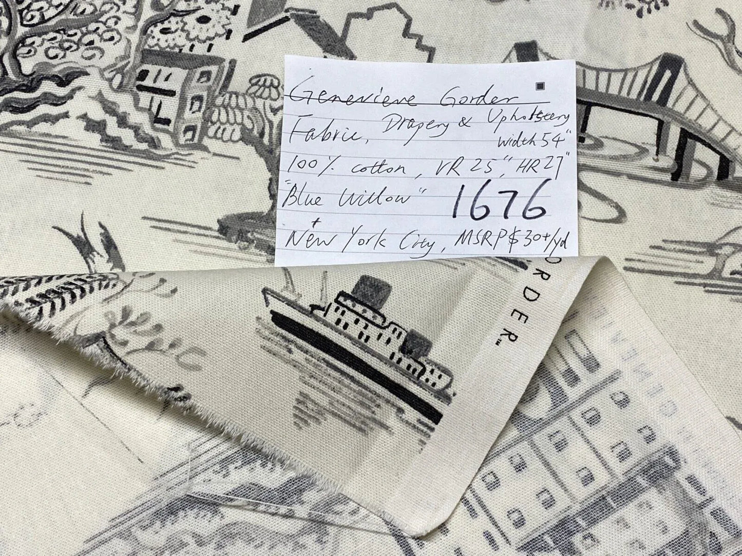 3.4yards Genevieve Gorder Toile New York City Landmarks Cotton Print Charcoal Black On White Statue Of Liberty