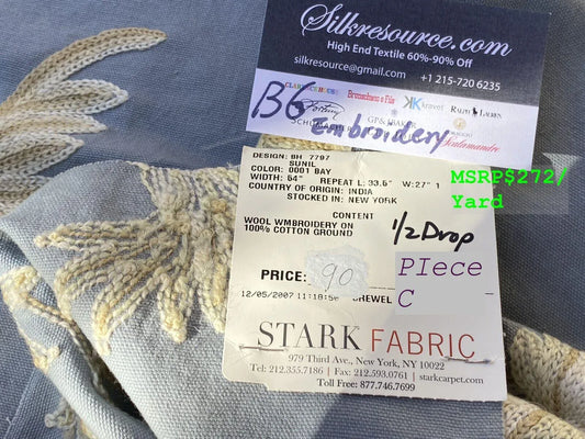 4c Berkbox6 Scalamandre Embroidery Square Sunil Bay Blue Crewel Wool On Cotton MSRP USD 272/Y