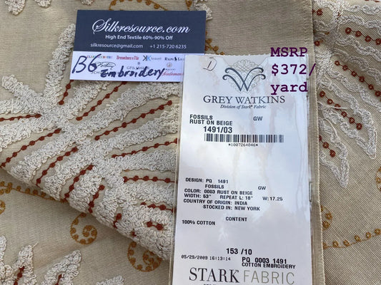 7d Berkbox6 Scalamandre Embroidery Square Fossils Rust Red MSRP USD 372/Y